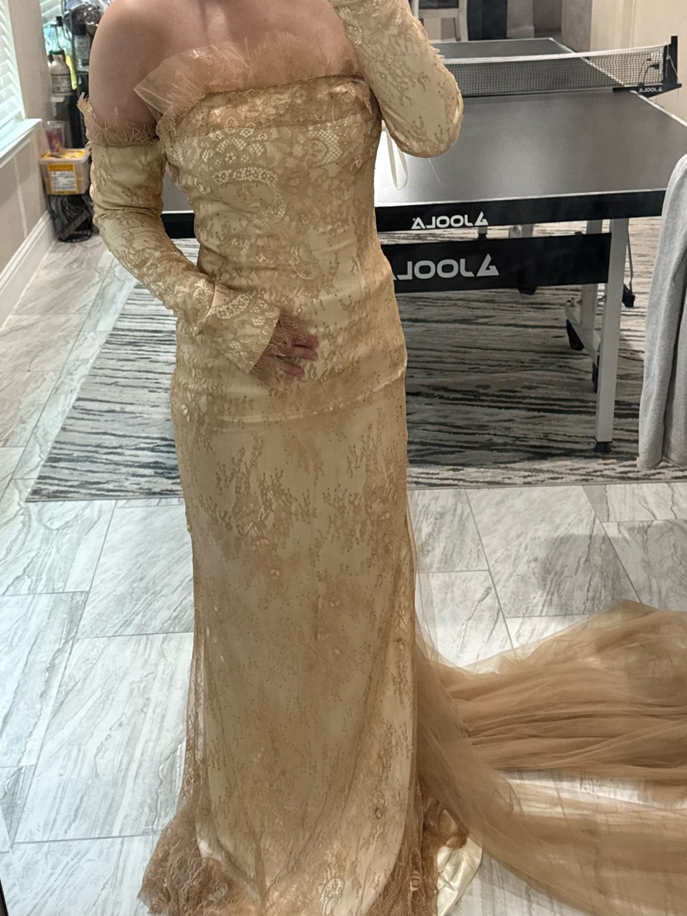Elegant Gold Lace Off-Shoulder Evening Dress